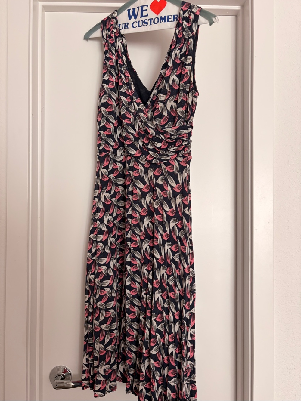 Boden Sleeveless V-Neck Midi Dress in Black, Pink and Cream Leaf Print